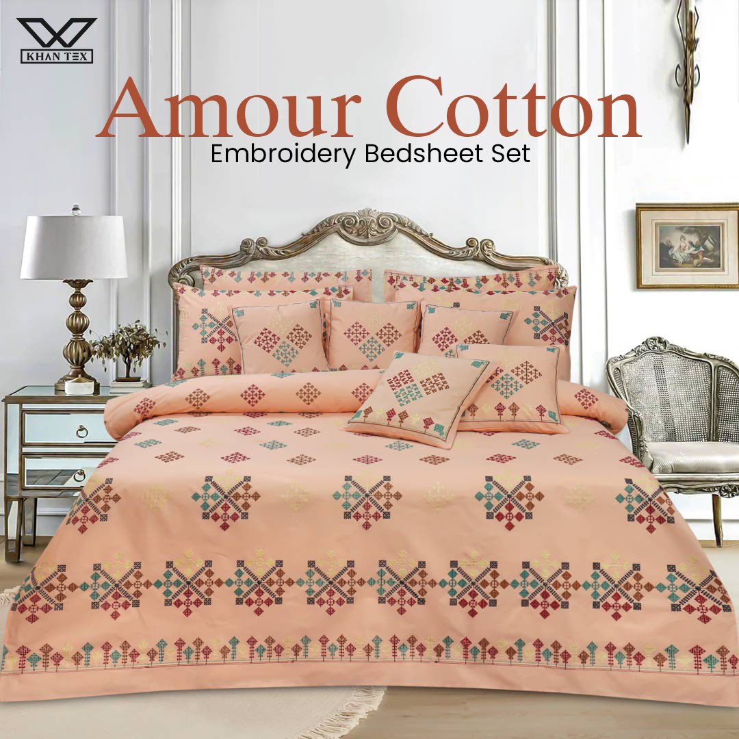 khantexonline's tweet photo. This Amour Cotton Embroidery Bedsheet Set is made from 100% cotton for a soft and luxurious feel.💫

The intricate embroidery adds a stylish, decorative accent that will transform any bedroom. 🛏️✨

Shop at : https://t.co/7ekwAJ2xD6

#discounts #khantextile #cottonembroidery https://t.co/lArN9AxQib