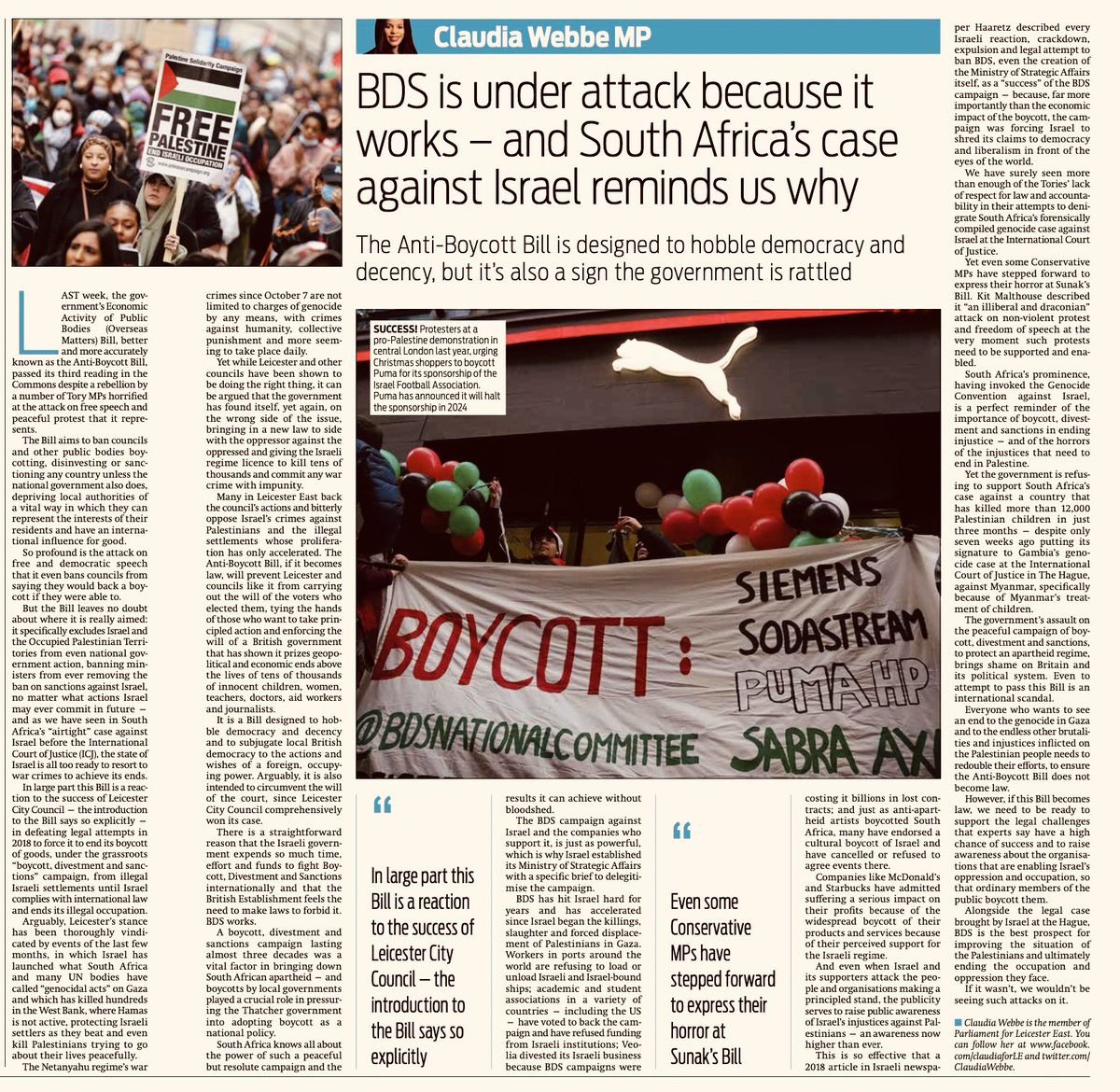 ClaudiaWebbe's tweet image. Boycotts, Divestment and Sanctions are a powerful expression of peaceful protest that can end injustice and advance our human rights

BDS is under attack because it works - and South Africa’s genocide case against Israel, reminds us why

Support BDS. Free Palestine.

My latest 👇🏾