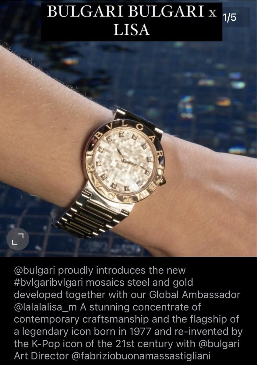 Actualización de jcbabin IG:

“ @Bulgariofficial presenta con orgullo los nuevos mosaicos #bvlgaribvlgari de acero y oro desarrollados junto con nuestro Embajador Global #LISA . Un impresionante concentrado de artesanía+

BULGARIBULGARI X LISA
#LISAXBULGARIWATCHES
#LISAXBVLGARI