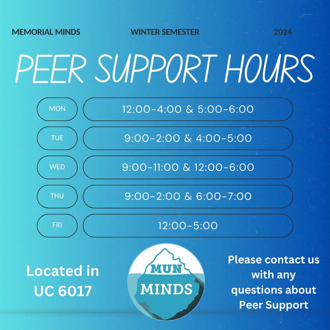 Hello friends!😊 Our Peer Support program is up and running for the winter semester. Here are our office hours💙🧠 Feel free to drop by the office in UC 6017 at anytime during these listed hours, our door will be open!