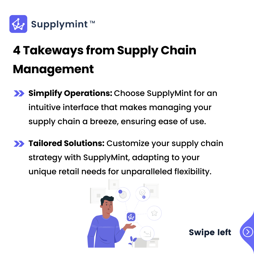 supplymint's tweet image. Unlock the power of SupplyMint with these 4 key takeaways! From seamless operations to AI-driven innovation, dive into a world where your supply chain not only adapts but thrives. Choose transformation with SupplyMint – Your Future-Ready Retail Solution. 
#supplychain #Innovation