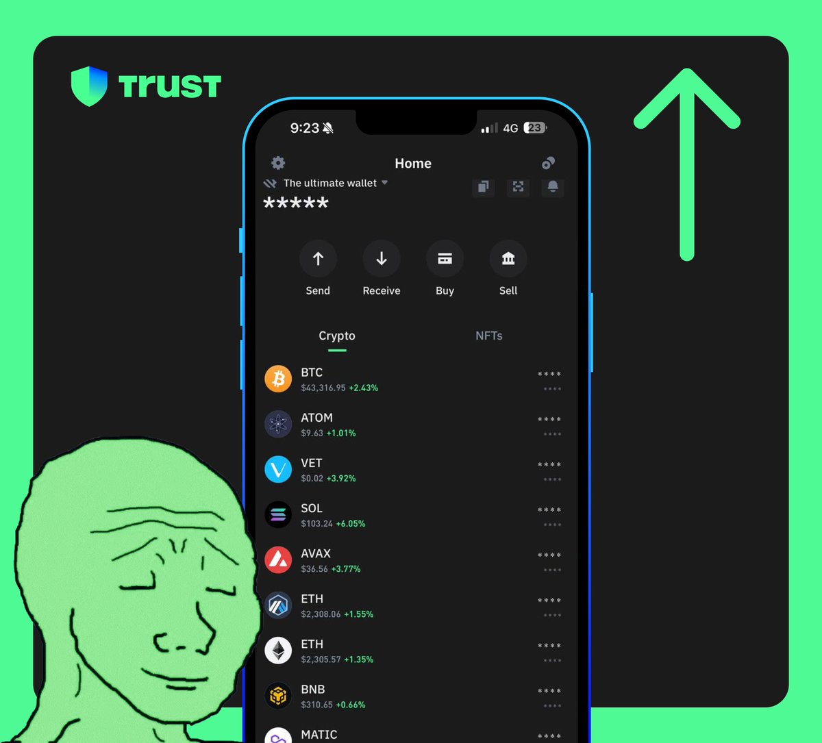 TrustWallet's tweet photo. that feeling u get when u open ur #TrustWallet and everything is green 😌💚 https://t.co/HZd56yZHlO