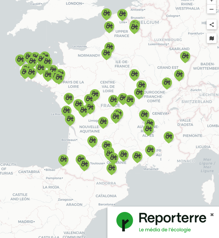 AEGRW's tweet photo. Voici une carte des luttes écologistes contre des projets agricoles (liste non exhaustive) . Et les ONG écologistes se demandent ensuite pourquoi elles sont "cataloguées comme ennemies des agriculteurs". #agribashing #AgriculteursEnColere https://t.co/9ZVcbDxhOu