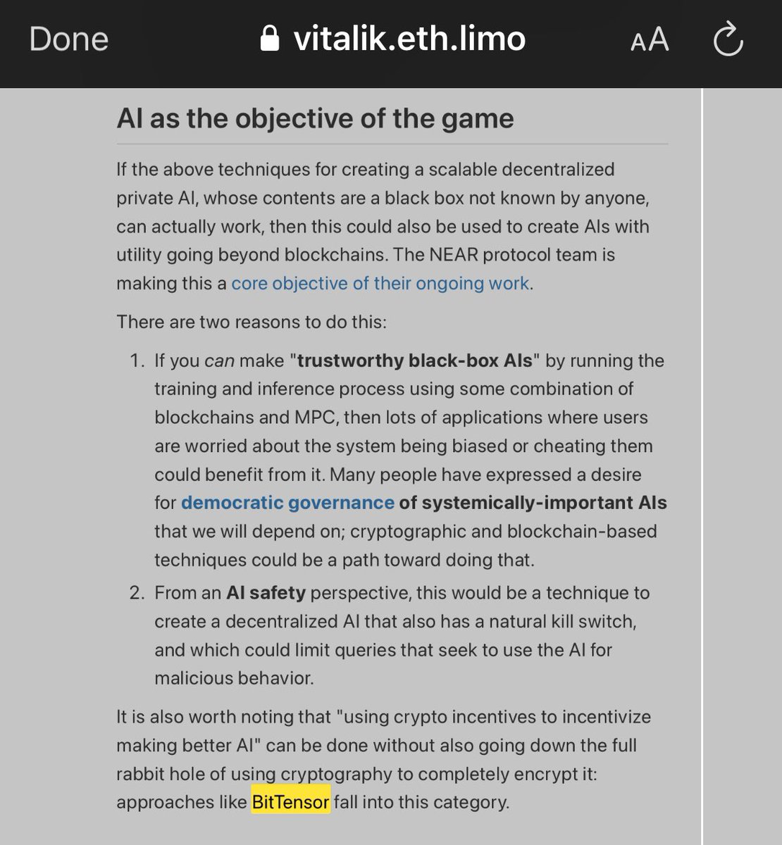Of course #Bittensor is mentioned in <a href="/VitalikButerin/">vitalik.eth</a>’s article about Ai x Crypto. 

Remember #TAO is not a crypto that uses Ai, but Ai Neural Network that uses Crypto as an incentives mechanism. 

Smart contracts+ETH = Subnets+TAO

Understand that and everything becomes clearer!