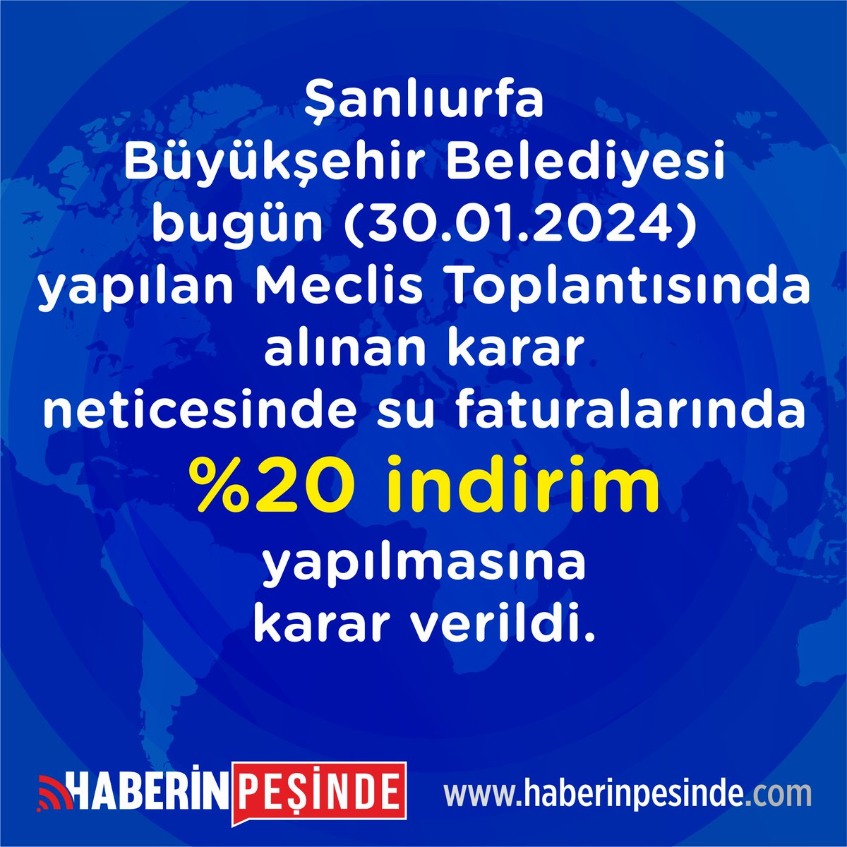 Şanlıurfa Büyükşehir Belediyesi Meclisi'nin olağanüstü toplantısında suya indirim yapma kararı alındı.
Yapılan çalışmalar neticesinde komisyon, suya yüzde 20 indirim yapılması kararına aldı.