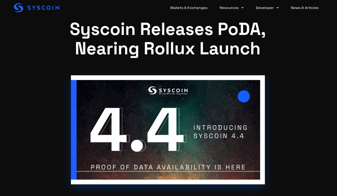 syscoin's tweet image. Wait until you see what we will be 📢 announcing soon!

You witnessed #Syscoin release the world&apos;s very 1st 🥇dedicated L1 #dataAvailability protocol to mainnet on March 13, 2023, followed by @RolluxL2
(syscoin.org/news/syscoin-r…)

Just getting started. Stay tuned to $SYS.