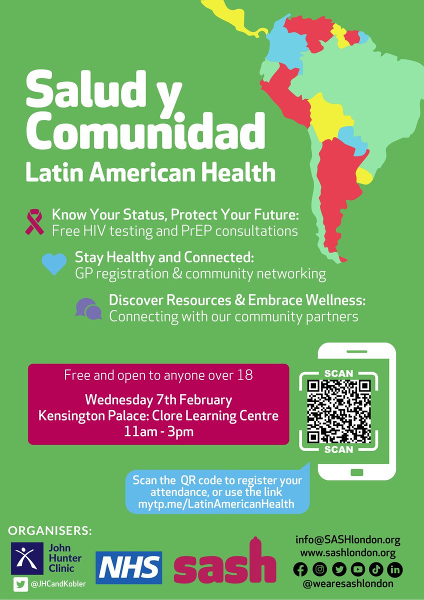 Join our friends at @wearesashlondon for 'Salud y Comunidad' our free Latin American Health event for folks aged 18+! 📅 Wednesday 7th February 2024: 11:00am - 3:00pm 📍 Kensington Palace: Clore Learning Centre 🎟️ Register here! - buff.ly/3Sxe84j @JHCandKobler