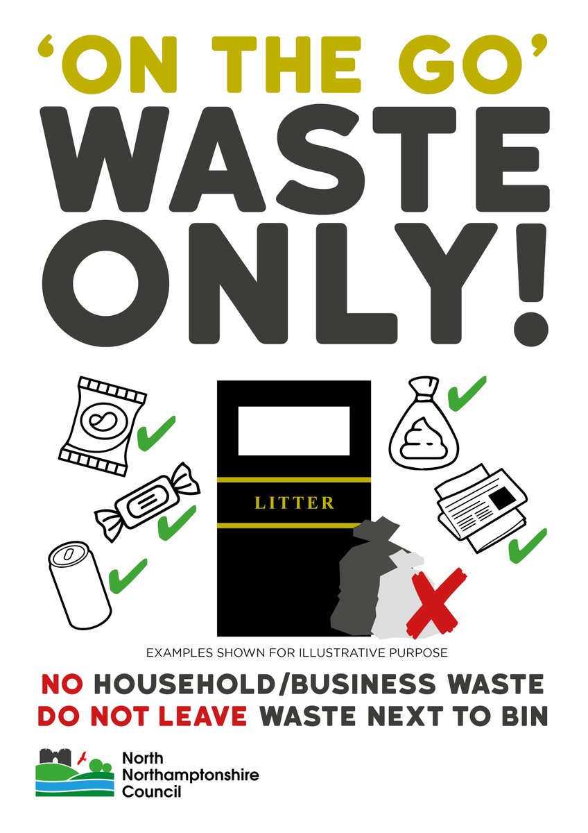 Please only use the bins for 'on the go' items. Not black bin bags and household waste. Please take this home. Report over-flowing bins online ow.ly/839Q50Q5npL