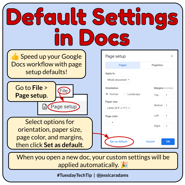 Jessica Adams 🔜✈️#TCEA (@jessicaradams) on Twitter photo 👍It's time for a #TuesdayTechTip! Use page setup defaults in <a href="/googledocs/">Google Docs</a> so you start with your custom settings every time you open a new doc. 🎉
<a href="/GoogleForEdu/">Google for Education</a> #GoogleET 👍It's time for a #TuesdayTechTip! Use page setup defaults in <a href="/googledocs/">Google Docs</a> so you start with your custom settings every time you open a new doc. 🎉
<a href="/GoogleForEdu/">Google for Education</a> #GoogleET