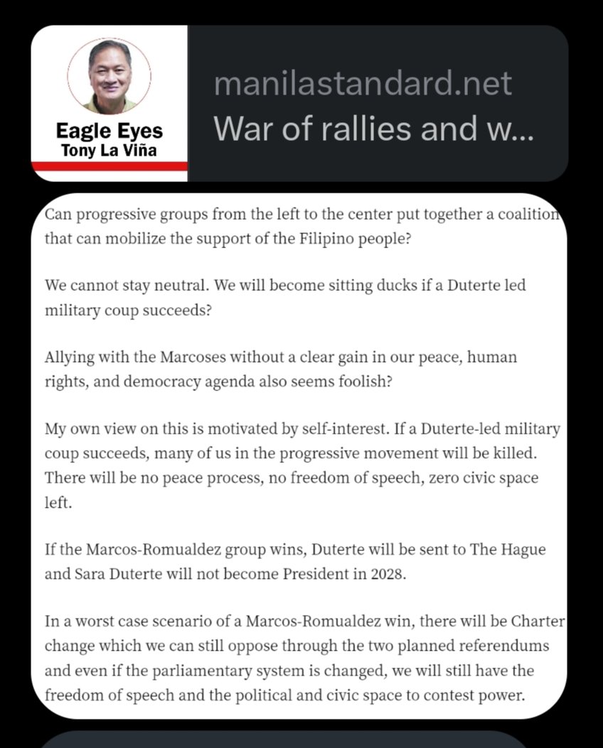 Duterte is no longer in power. He's enjoying retirement. He looks frail, too. But he has not lost that CONVICTION to express his strong concern + love for the country he once governed. So what are these so-called 'progressives' so afraid of? Bakit NAWINDANG at NABULABOG agad?