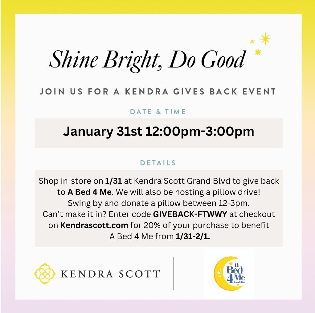 abed4me's tweet photo. We’ll be at Kendra Scott, in Grand Boulevard, Wed Jan 31st, noon to 3:00. Come visit, bring a pillow and do some shopping. A portion of instore and online sales benefit A Bed 4 Me. Valentine’s Day is just around the corner! Treat yourself or someone you love! ❤️ 
@GrandBoulevard https://t.co/WzNFvZF0qA