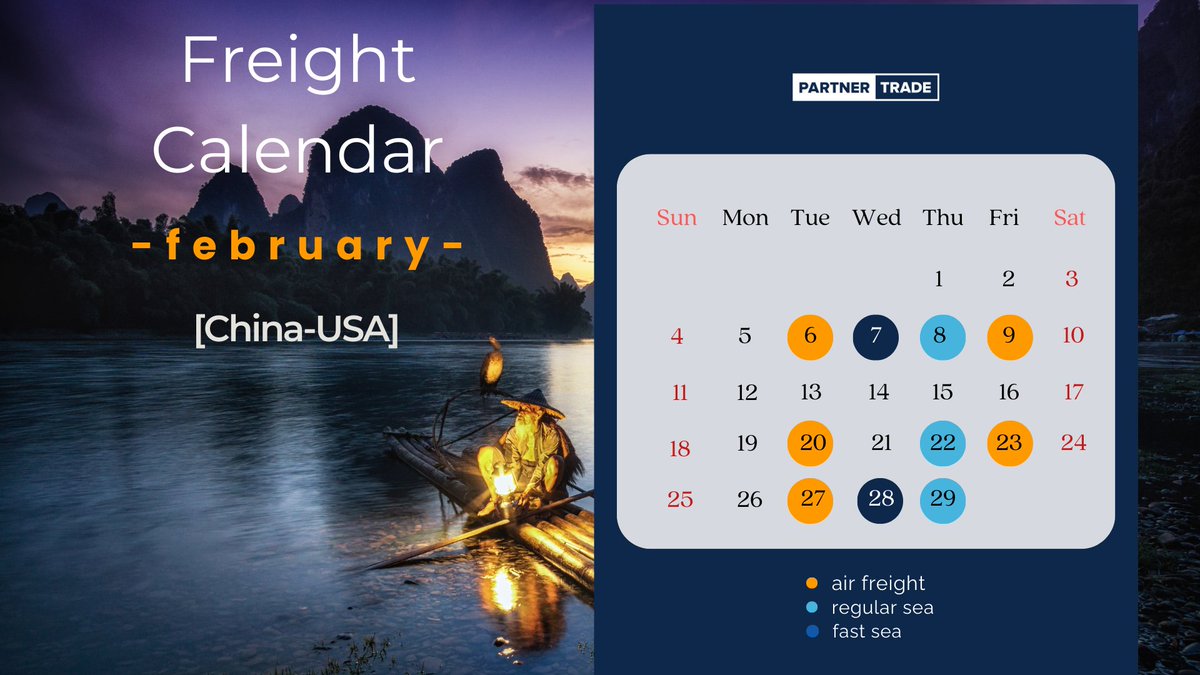 PT_Logistics3pl's tweet photo. 𝐂𝐡𝐢𝐧𝐚-𝐔𝐒𝐀 #shipping #calendar 𝐢𝐧 𝐅𝐞𝐛𝐫𝐮𝐚𝐫𝐲 is here ⏩ https://t.co/uFKZFkslK3 
❗ Note that there may be delays because of #ChineseNewYear.
𝐁𝐨𝐨𝐤 𝐚 𝐩𝐥𝐚𝐜𝐞: 
📞 by phone: +1 646-766-1261
💬 on email logistics@partnertrade.us
#usshipping #chinaus #chinausa https://t.co/alIDMZWsdD