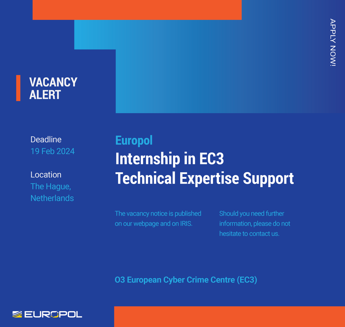 Vacancy alert! 📣 Looking for an opportunity to work amidst great expertise in cyber-enabled crime? APPLY NOW! 👉 europol.europa.eu/careers-procur… #EC3Europol #Cybervacancy