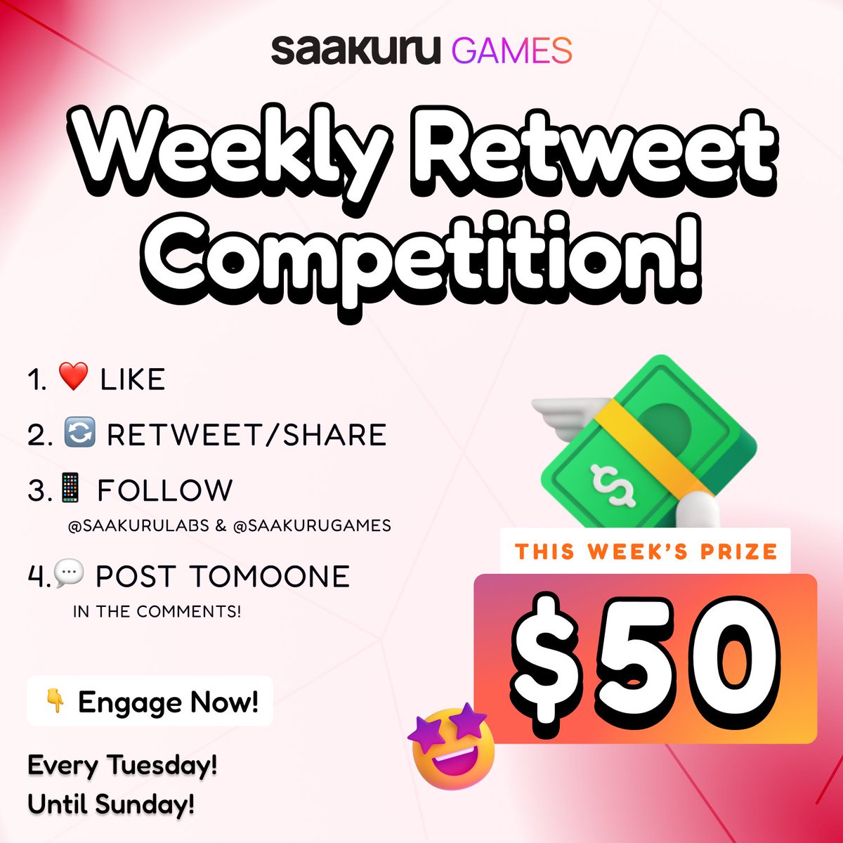 SaakuruGames's tweet photo. 🚀Weekly Retweet COMPETITION - $50🌟
🎁Prize: $50 USDC awaits the lucky winner!💸

To enter:
1. ❤️Like this post
2. 🔄Retweet this post
3. 📱Follow @saakuru_labs &amp; @TomoOnePets
4. 💬Comment below and tag 3 friends!

📢Winner Announcement: Next Monday! 
#SaakuruGames #TomoOne https://t.co/w87aADXdly