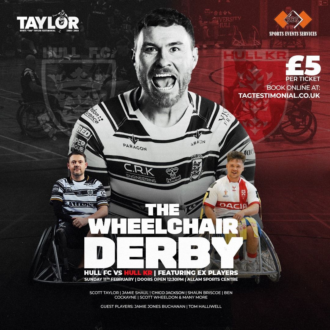 HKRFoundation's tweet photo. Hull KR Foundation are pleased to announce the first ever Wheelchair Hull Derby as part of Scott Taylor's Testimonial Year.
 
Including an ex-players Derby featuring Ben Cockayne, Jason Netherton, Rhys Lovegrove &amp; many more.
 
🎫 ➡ https://t.co/qHumJJF7iu
 
#RobinsTogether❤🤍 https://t.co/O6ZH3Vz8yZ