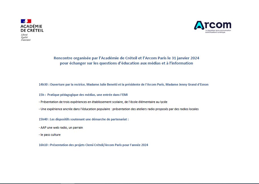 L'<a href="/Arcom_Paris/">Arcom Paris</a> et l'Académie de Créteil (<a href="/AcCreteil/">Académie de Créteil</a>) organisent demain une rencontre pour échanger avec les médias locaux sur les questions #EducMédiasInfos