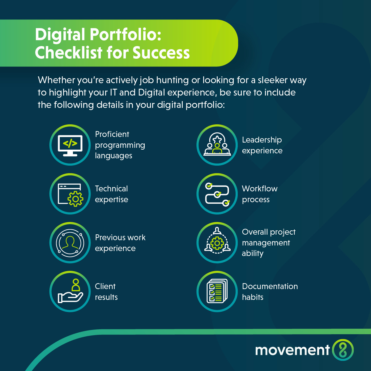 In the process of putting your digital profile together? Don't miss an opportunity to highlight all your best achievements by following our check list👇👇

Ready to take on your next Tech challenge? We are here to help. Talk to us today! ➡️  movement-8.com/contact/ 

#ITJobs