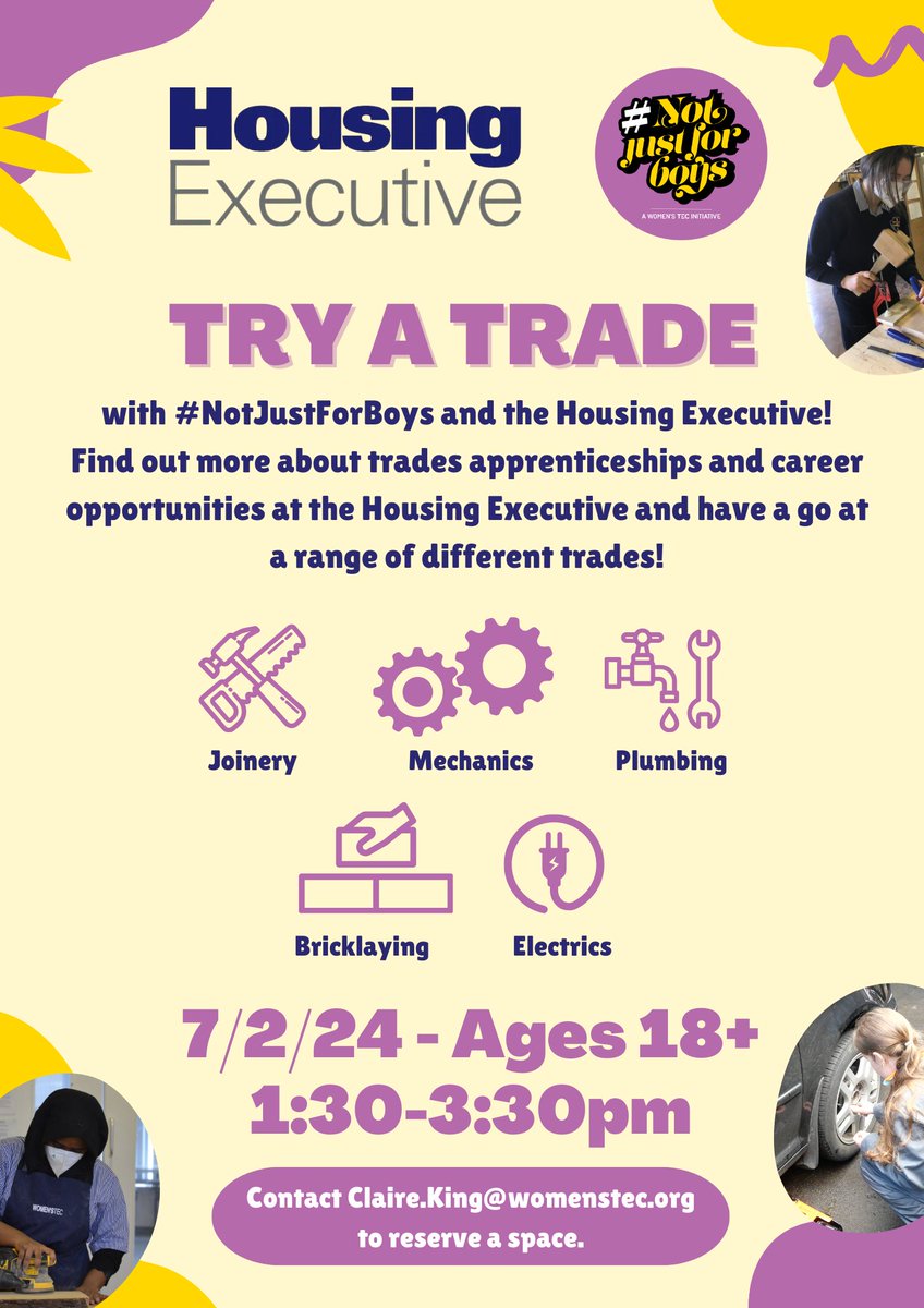 💡 Exciting opportunity! 🔨 Join us for a hands-on experience with #NotJustForBoys and the @nihecommunity at our Try a Trade day! Discover trade apprenticeships and career paths while trying your hand at various trades. Contact Claire.King@womenstec.org #Trades #Apprenticeships