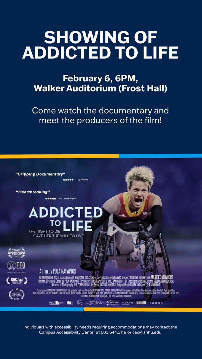 SNHUOnCampus's tweet photo. The right to die gave her the will to live." Join us for a showing of the award-winning documentary Addicted to Life on February 6 at 6 p.m. in Walker Auditorium to be followed by a discussion with the producers of the film. https://t.co/6duwBU2juA