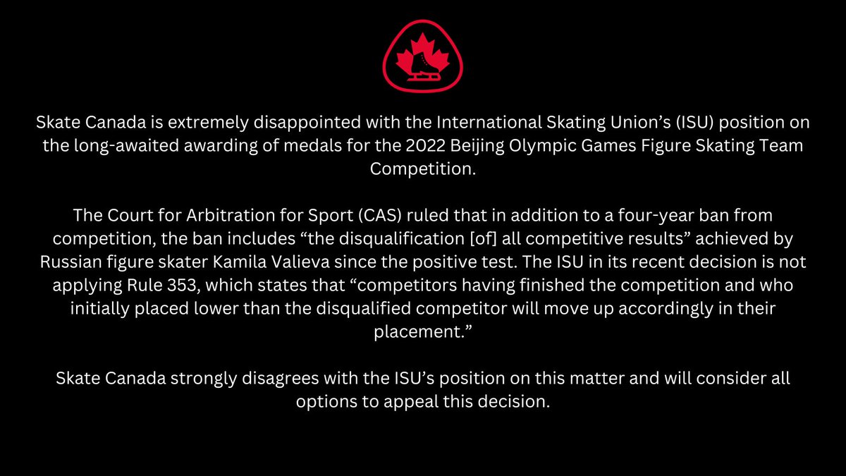 Skate Canada’s response to @ISU_Figure's statement regarding the awarding of medals for the #Beijing2022 Olympic Games Figure Skating Team Competition ⤵️