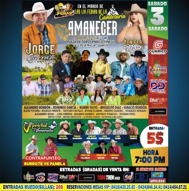 Mi gente querida nos vemos en el Amanecer Llanero de las ferias en Valle de la Pascua esté 3 de Febrero. Estaremos compartiendo con estos cantantes de la música llanera!!! Otro nivel, no te lo pierdas y disfrútalo

#Venezuela #valledelapascua #amanecerllanero