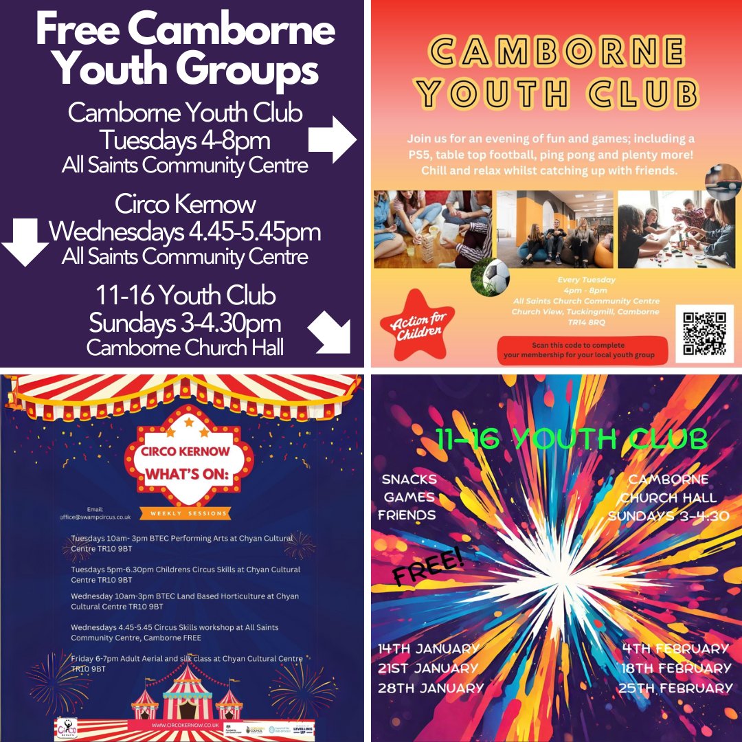 It's fantastic to see there are 3 free youth groups in Camborne at the moment on Tues, Weds &amp; Sundays at All Saints Community Centre &amp; Camborne Church Hall provided by <a href="/actnforchildren/">Action for Children</a>, <a href="/CircoKernow/">Circo Kernow</a> &amp; <a href="/CamborneCluste1/">CamborneClusterofChurches</a>
🎮🎤🎨
#youthclub #circusskills #camborne #actionforchildren