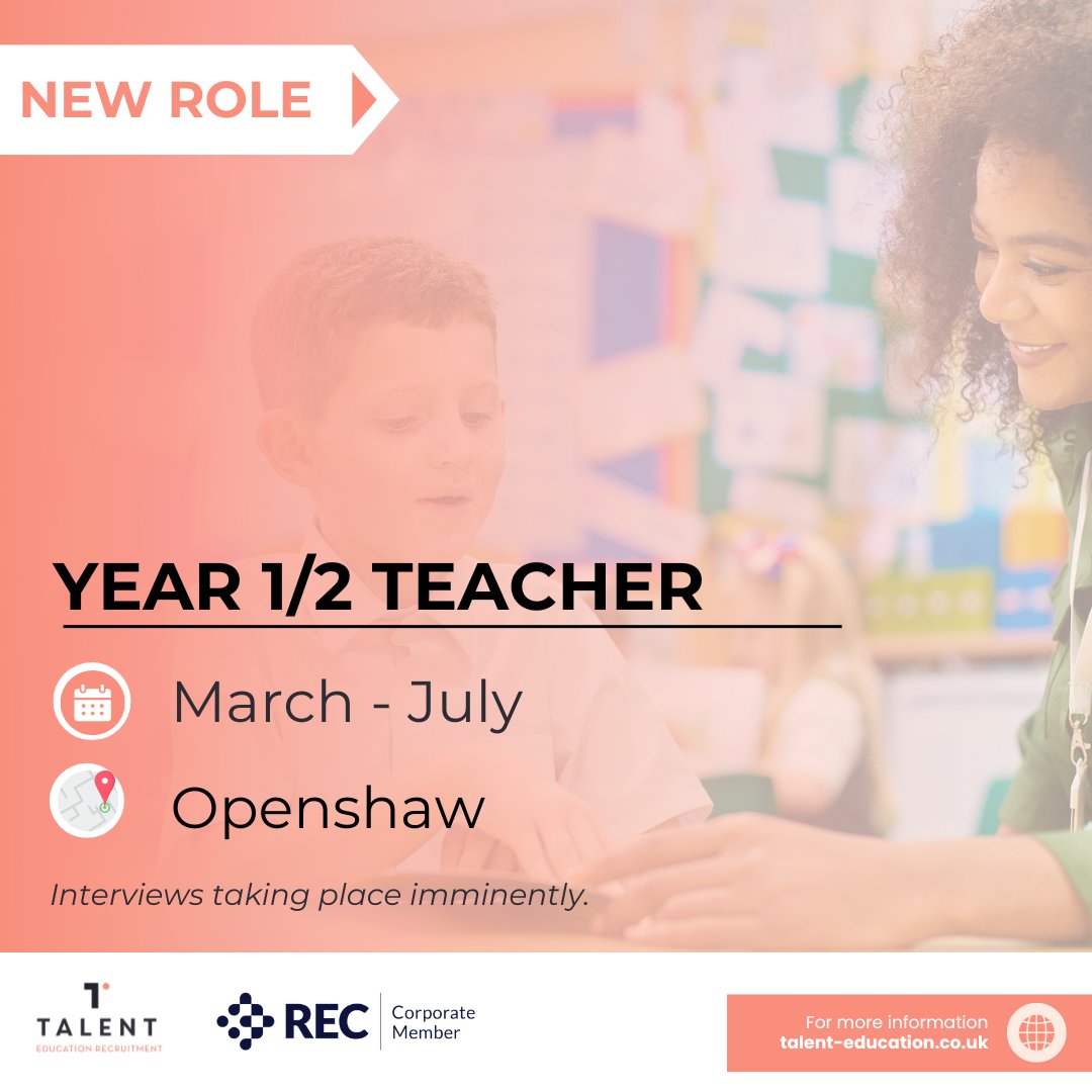 🚨 𝐍𝐄𝐖 𝐕𝐀𝐂𝐀𝐍𝐂𝐘: Year 1/2 Teacher

📍 Openshaw, Manchester
📆 March - July (initially)

☎️ For more info, contact James on 07562 394 538.  Interviews are taking place asap so don’t hang around.

#TalentEducation #manchester #PrimaryEducation #MatLeave #Cover #OldhamHour