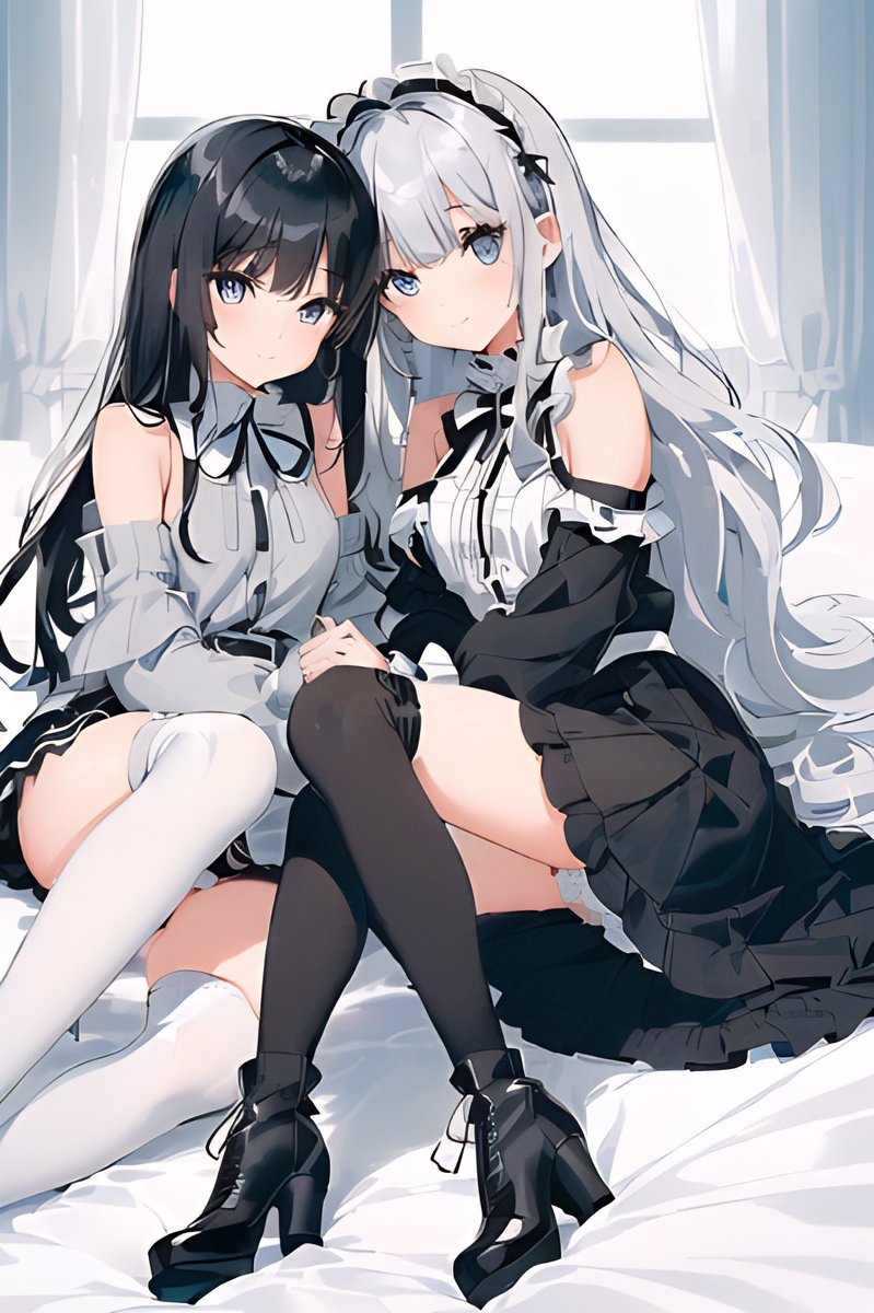 Za5mF's tweet photo. キノコの拙作、しろくろコンチェルトのヒロイン、カノンとソナタのツーショットが欲しくて散々AIを回しました。
髪色，髪型が合わなかったり、背景に妙なカットインが入ったり、果ては二人が融合してしまったり…短時間に大量に作れる反面狙った絵に持っていくのが大変ですね。 https://t.co/E8jbtTdJzW