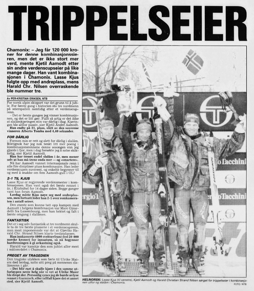 Trippelseier til Norge i verdenscupen for 30 år siden i Chamonix. Kjetil Andrè Aamodt vinner kombinasjonen foran Kjus og Strand Nilsen. Skulle tatt seg ut om det gjentar seg på Lillehammer om 2 uker!