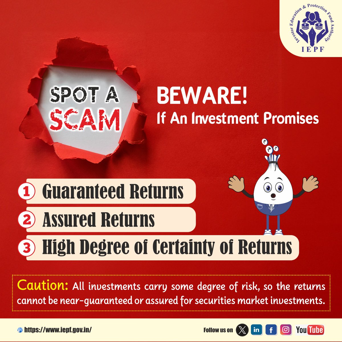 More than falling for a scam, it is critical to identify a scam and protect oneself from financial fraud. #IEPFA advises investors to stay alert and be informed.

#FinancialScam #InformedInvestor #EmpoweredInvestor #SmartInvestor