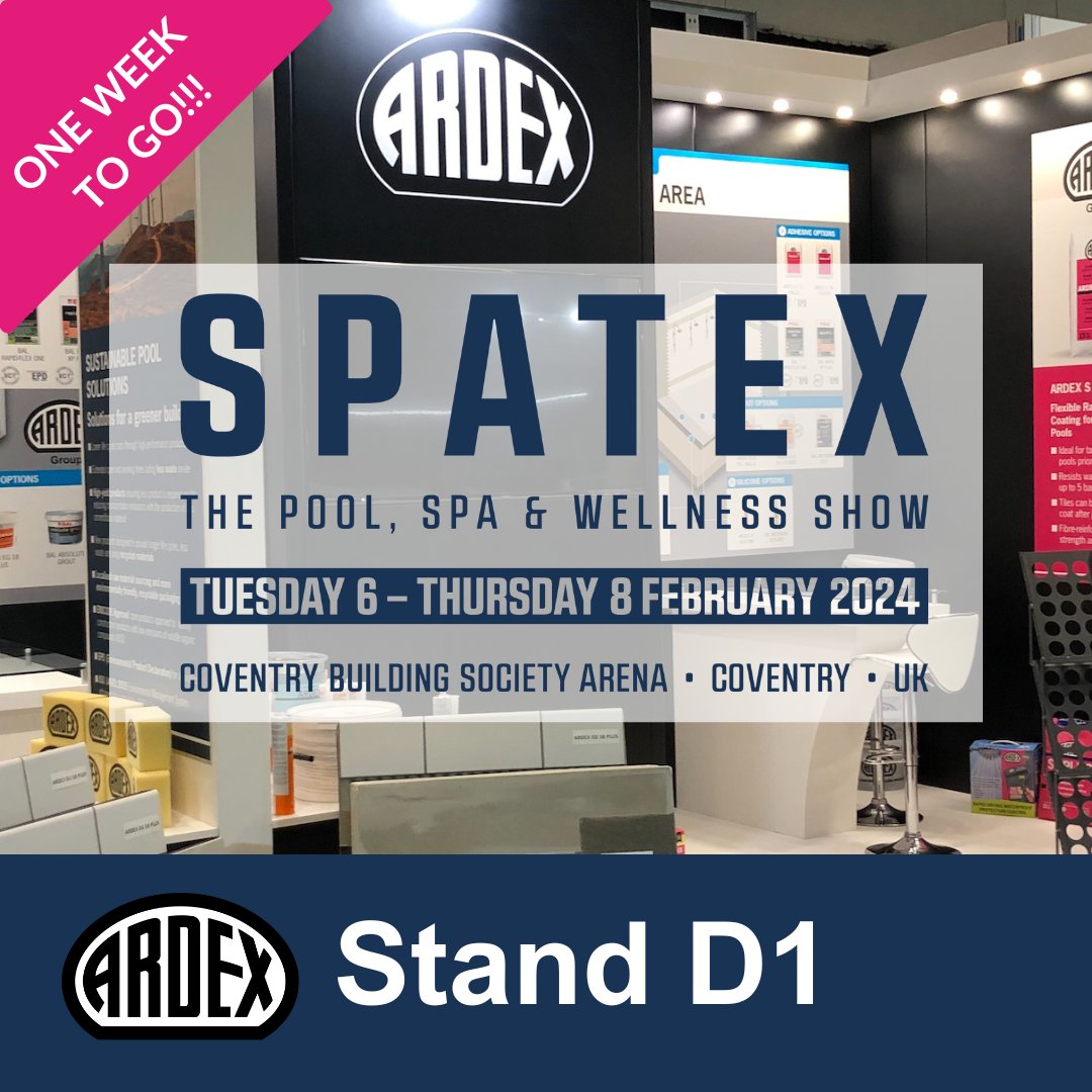 ARDEXUKTiling's tweet image. *ONE WEEK TO GO!!*

One-week until we're at #SPATEX2024 at the CBS Arena in Coventry!

Join us in D1 from 6-8 Feb for all things pool construction, tanking, tiling and finishing!

Register for FREE access: spatex.co.uk/pre-register-n…

#SwimmingPools  #PoolConstruction #Tiling