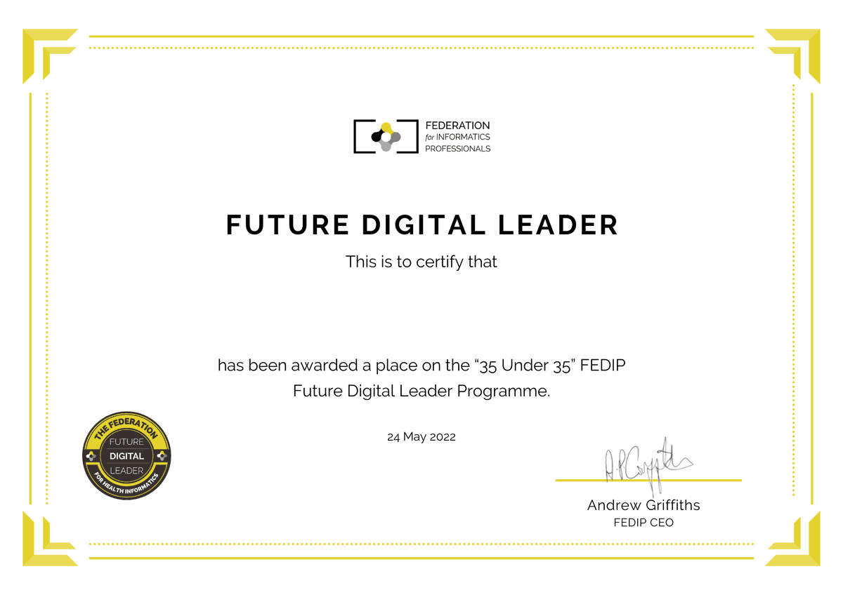 RochelleFeath's tweet photo. I’m happy to share that I’ve obtained a new certification: Future Digital Leader Cohort One from FEDIP.

#digital #FEDIP #35under35 https://t.co/y03j5cukP6