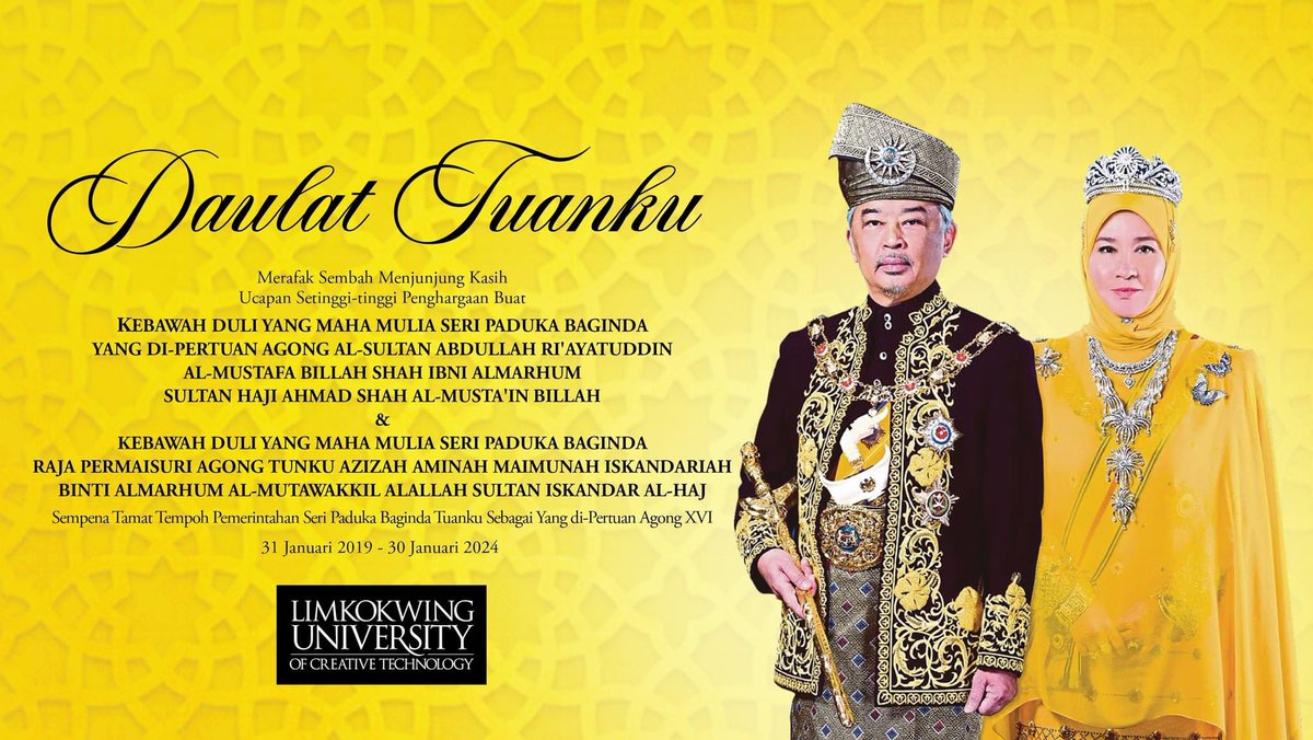 Limkokwing_MY's tweet image. Terima kasih kepada Seri Paduka Baginda Tuanku Agong atas pemahaman yang mendalam terhadap suara rakyat, menjaga kestabilan politik untuk kemajuan ekonomi dan pembangunan sosial negara selama 5 tahun di atas takhta.  

DAULAT TUANKU!