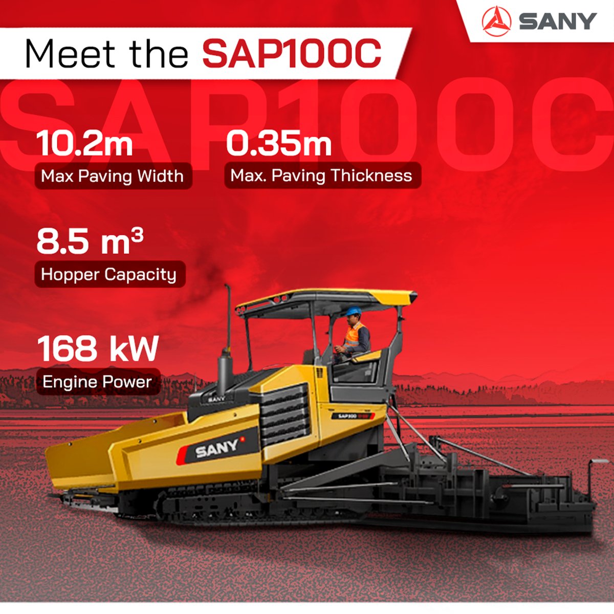 SanyIndia's tweet photo. #KnowYourMachine Meet the SAP100C-10, an advanced road paver that is a reliable and cutting-edge solution for road construction and pavements. Enhanced by user-friendly controls, sophisticated screed technology, and sturdy construction, it guarantees smooth, https://t.co/tCzIvEfnHY