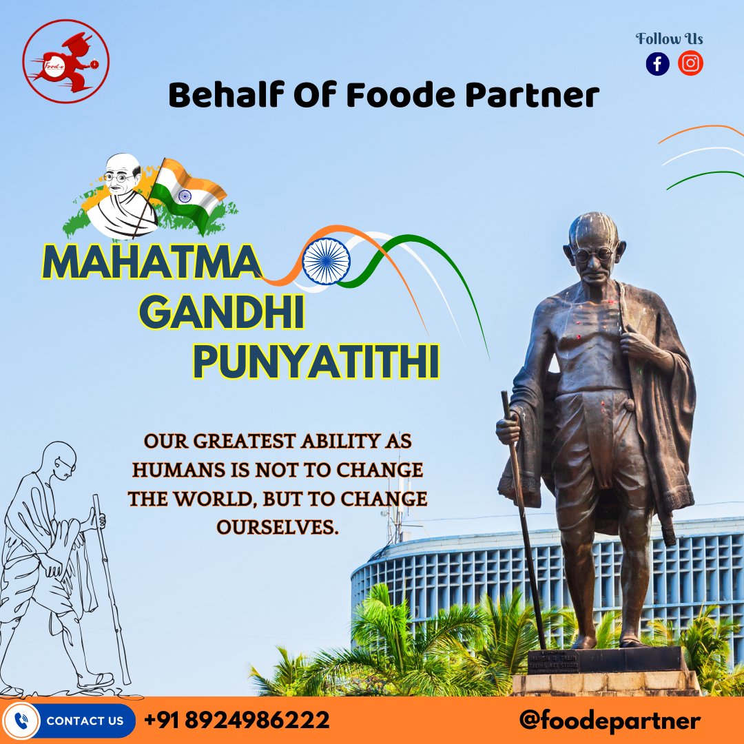 Foodepartner's tweet photo. Behalf Of Foode Partner

Happy Gandhi Punya Tithi

Our Greatest Ability As Human Is Not Change The World,
But To Change Ourselves

Local Food Delivery Service Of Hardoi
For Order Kindly Sent 'Hi' On Whatapp
or Direct Call 
+91 8924986222

#foode #foodepartner #hardoicity #foode https://t.co/0ossI3pgFw