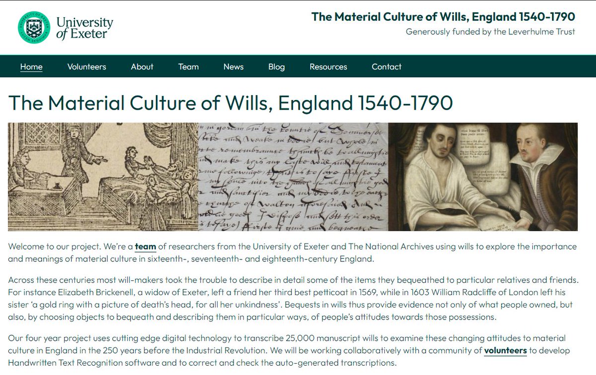 You can find out more about what "The Material Culture of Wills, England 1540-1790" <a href="/materialwills/">The Material Culture of Wills Project</a> team will be up to over the next few months on our new website sites.exeter.ac.uk/materialcultur…
