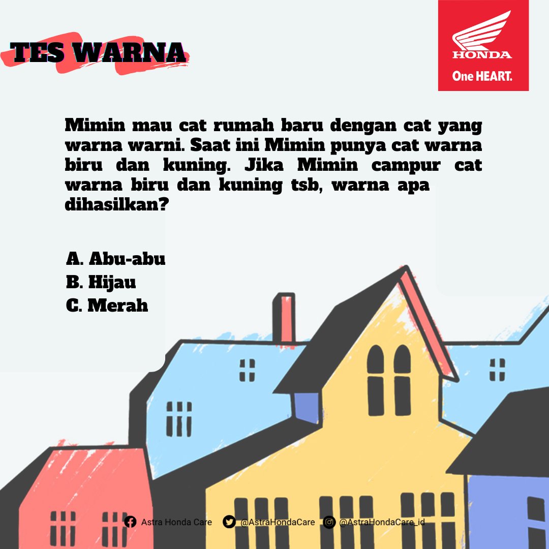 Waktunya Giveaway!

Yuk bantu Mimin warna apa yang dihasilkan campuran antara biru dan kuning. Cuz buruan jawab di kolom komentar 😊

Dapetin pulsa 50K untuk BroSis yang beruntung 🙂

- Jawab pertanyaan dari mimin dikolom komentar
- LIKE dan RETWEET postingan giveaway ini ya