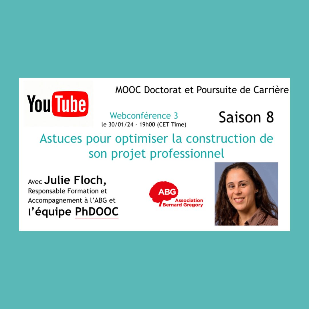 PhDOOC's tweet photo. On se retrouve ce soir à 19h pour la 3ème webconférence du MOOC Doctorat et Poursuite de Carrière 🎓 Nous aurons le plaisir de recevoir Julie Floch de @ABG_Asso qui répondra à vos questions en lien avec le projet professionnel 💪🏻 https://t.co/4GK3HPKAJI