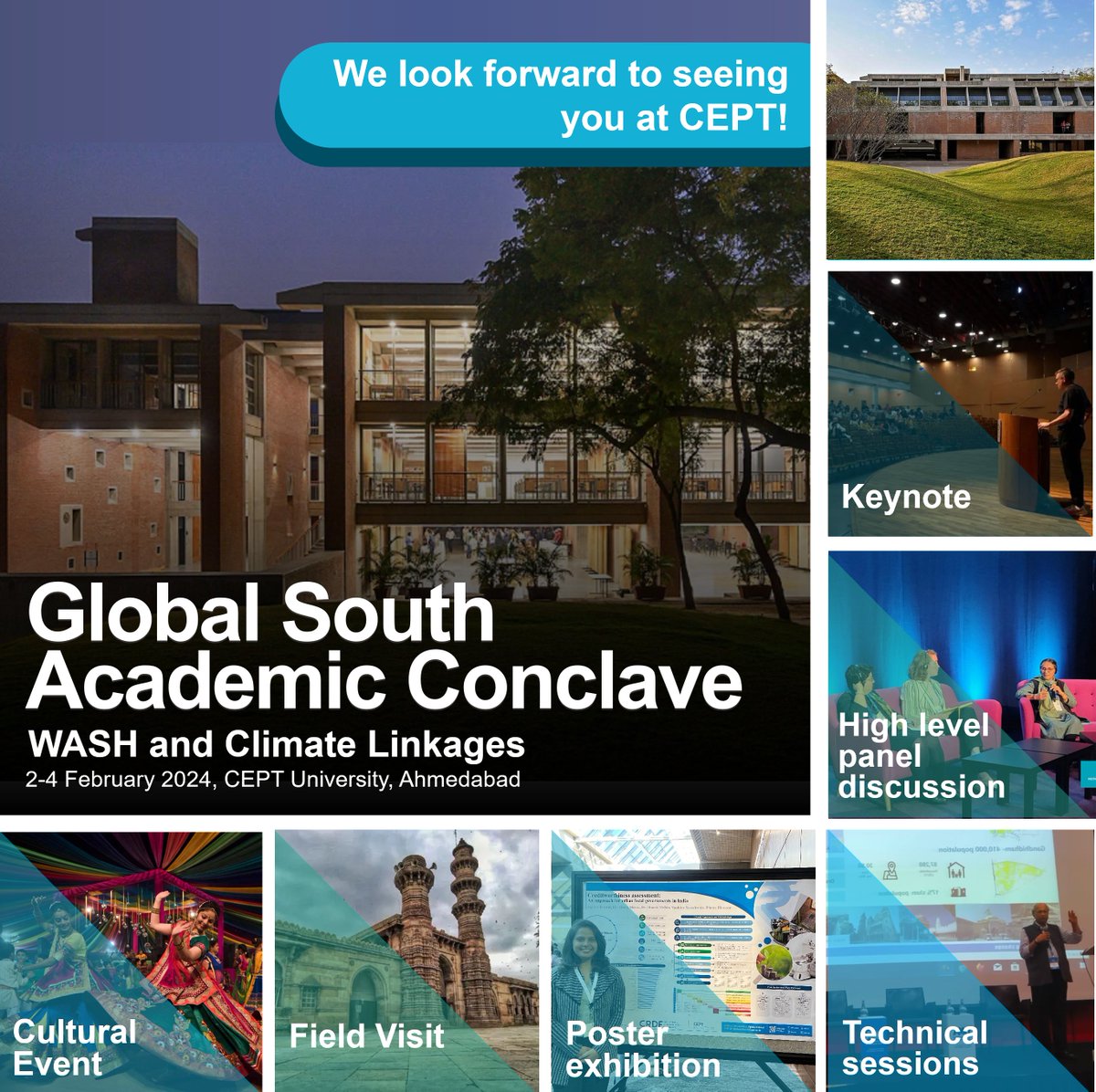 2 Days to go! Join us at the Global South Academic Conclave for interesting discussions on WASH and Climate linkages at @CEPTUniversity1, Ahmedabad from 2-4 Feb, 2024. @mehta_pani @DineshMehta100 @CeptResearch @CEPTUniversity1 @fpcept @BMGFIndia