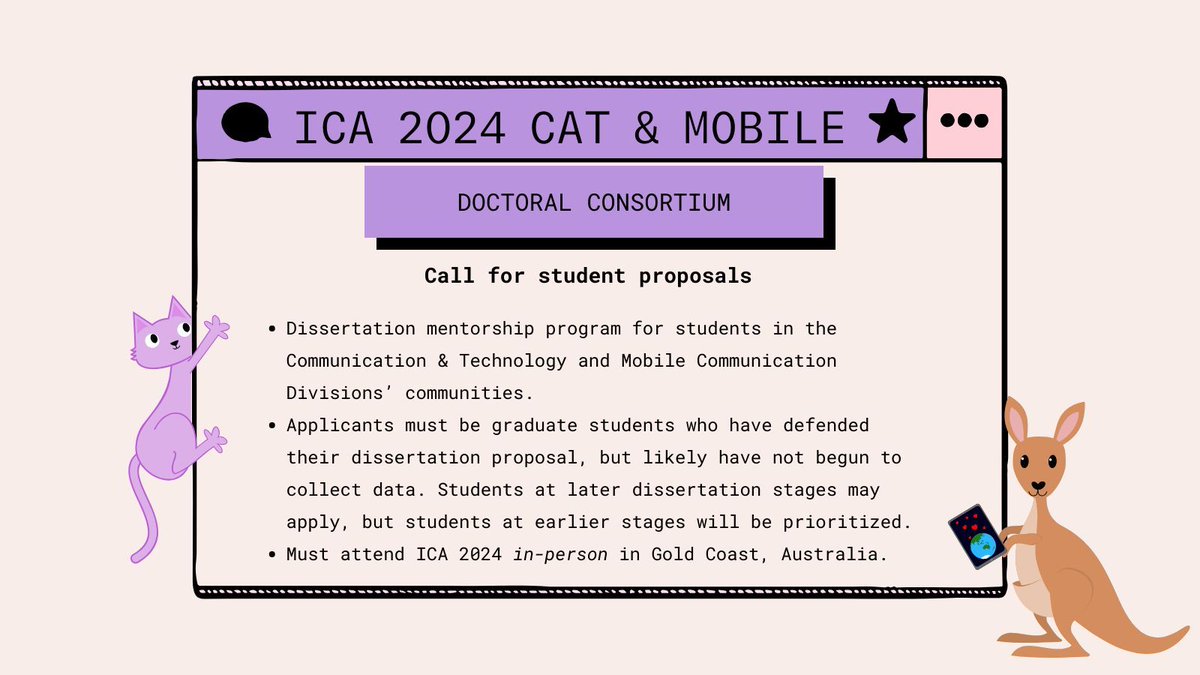 Students, we invite you to submit proposals to the #ICA24 Communication &amp; Technology Division and Mobile Communication Division Doctoral Consortium. Proposals are due 1 February 2024. More information here: 
buff.ly/48U410A