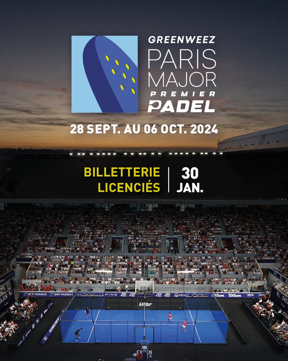 🚨LA BILLETTERIE LICENCIÉS FFT EST OUVERTE ! 

Prends tes places dès maintenant 🎟bit.ly/gpmpp

Indiquez le code PADEL24 pour accéder à la billetterie.
#GreenweezParisMajor | <a href="/ParisPadelMajor/">Alpine Paris Major Premier Padel - FFT</a>