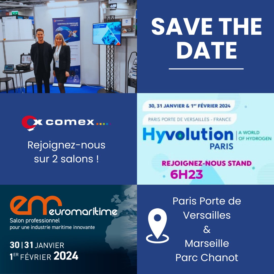 📣 Aujourd'hui nous vous attendons sur 2 salons ! 🤝 @Hyvolution : 30 JANV au 1er FÉVRIER 2024, à PORTE DE VERSAILLES, Paris. @EUROMARITIME : 30 JANV au 1er FÉVRIER, au PARC CHANOT, Marseille. #ComexMarseille #HYVOLUTION #EUROMARITIME #SolutionsHydrogène #InnovationMaritime