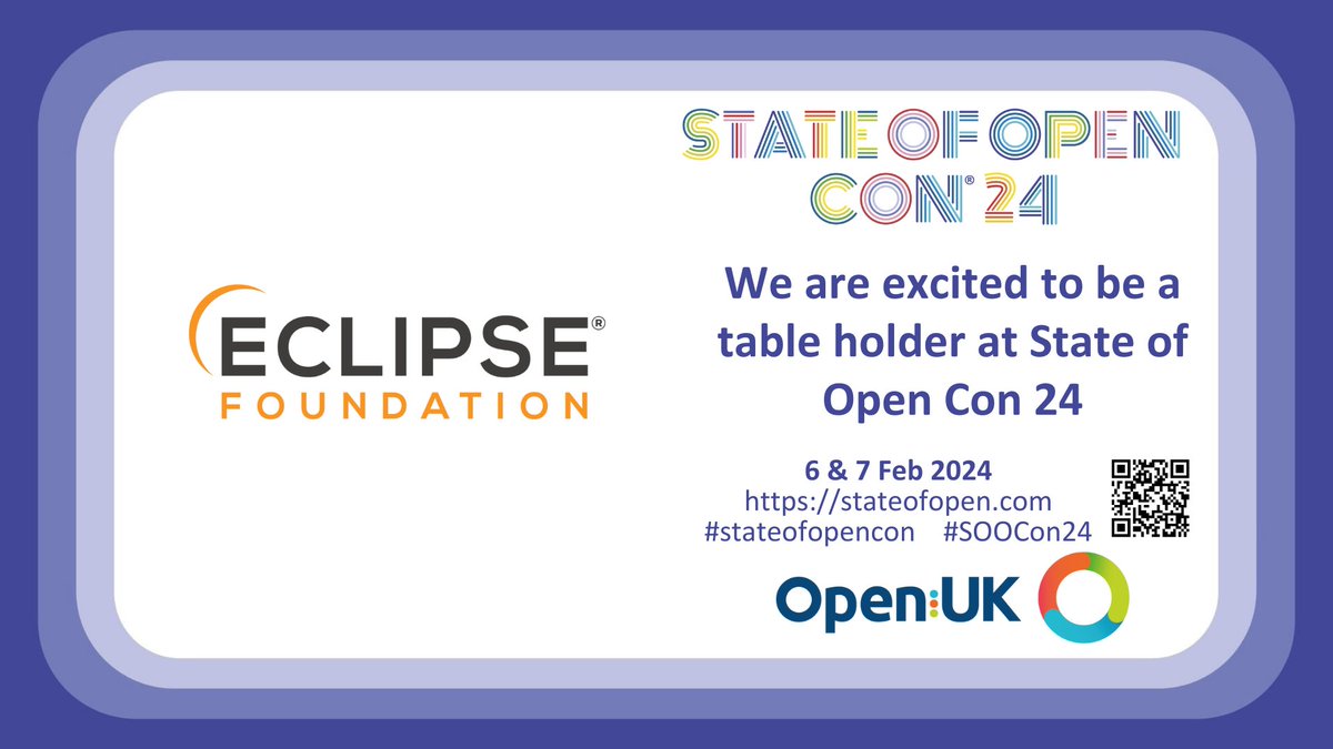 Eclipse Foundation (@eclipsefdn) on Twitter photo Join us at #stateofopencon where #EclipseFdn takes center stage! Swing by our table to connect with <a href="/gblondelle/">Gaël Blondelle</a> and <a href="/flzara/">Florent Zara 🐧</a> and dive into the future of #opensource innovation. Don't miss out on the opportunity to be part of the conversation! hubs.la/Q02gZ9Dm0
#SOOCon24 Join us at #stateofopencon where #EclipseFdn takes center stage! Swing by our table to connect with <a href="/gblondelle/">Gaël Blondelle</a> and <a href="/flzara/">Florent Zara 🐧</a> and dive into the future of #opensource innovation. Don't miss out on the opportunity to be part of the conversation! hubs.la/Q02gZ9Dm0
#SOOCon24