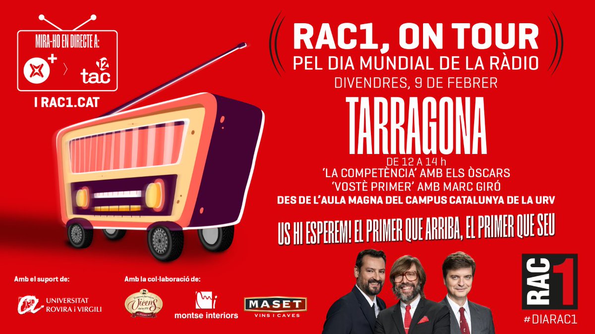 📻 Per celebrar el Dia Mundial de la Ràdio, RAC1 posa rodes a la ràdio i ho celebrarà des de la #URV! El divendres 9 de febrer, l'Aula Magna del campus Catalunya es convertirà en l'estudi de "La competència" i "Vostè primer". L'entrada és lliure, us hi esperem!

#comunitatURV