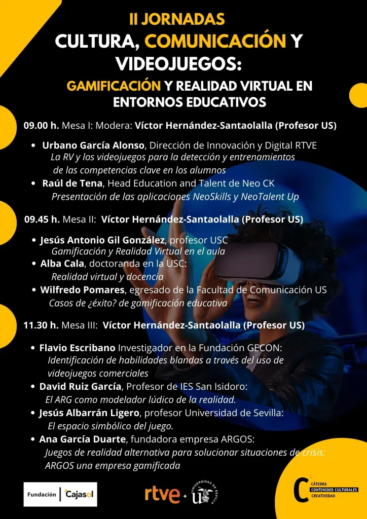 🎮La <a href="/catedrartveus/">Cátedra RTVE-US sobre Contenidos Culturales</a> celebra las II Jornadas de Cultura, Comunicación y Videojuegos

🕹️La actividad contará con expertos en #gamificación y #RealidadVirtual en entornos educativos

ℹ️ Info y progama: tinyurl.com/IIjornRTVEUS