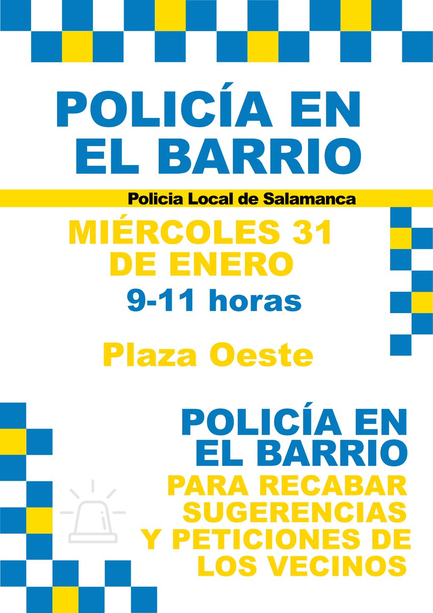 📌 Horario y lugar de 'Policía en el Barrio' 🚨

Mantener un contacto directo con los vecinos, recabar sugerencias y peticiones a pie de calle 🏡

📍 Carmelitas - Oeste: 31 de enero de 9 a 11 en la Plaza del Oeste

#PolciaEnElBarrio #HaciendoBarrio #BarrioDelOeste #PoliciaLocal