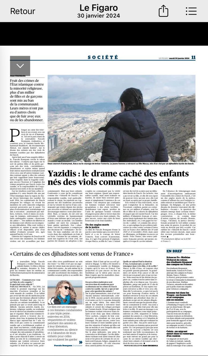 @Le_Figaro : une page sur les enfants yazidis nés des viols par Daech et notre film « Hawar, nos enfants bannis » primé @FIPADOC Merci !