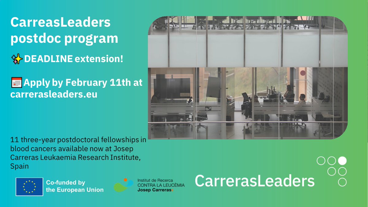 📢Attention!

 Seize this chance to make a difference in #bloodcancer research with our innovative 3-year #postdoc at <a href="/CarrerasIJC/">Josep Carreras Leukaemia Research Institute (IJC)</a> . 

Apply by the NEW DEADLINE: February 11 at carrerasleaders.eu.

Let's make the most of this extended opportunity!

<a href="/MSCActions/">Marie Skłodowska-Curie Actions</a> <a href="/HorizonEU/">Horizon Europe 🇪🇺</a>