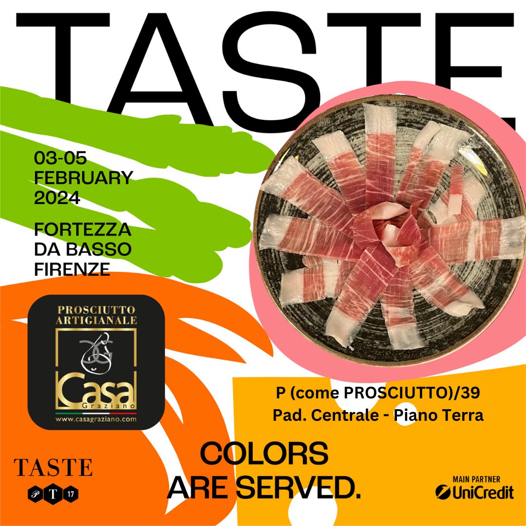 Ci siamo quasi: Taste 2024! 
Dal sabato 3 a lunedì 5 febbraio saremo a <a href="/pittimmagine/">pittimmagine</a> #pittitaste  dedicata ai produttori di eccellenza. 
Il tema di quest’anno è I COLORI SONO SERVITI! Ti basti sapere che i colori del nostro prosciutto artigianale sono semplicemente AUTENTICI!