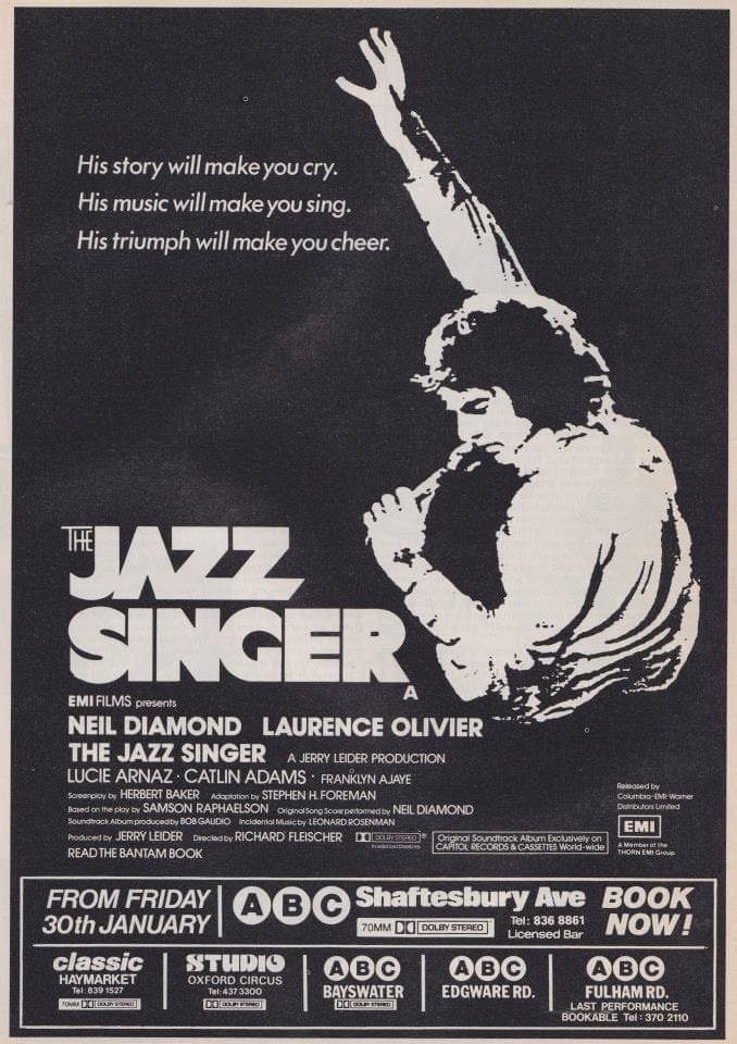 Forty-three years ago today, The Jazz Singer opened in London cinemas... #TheJazzSinger #NeilDiamond #LaurenceOlivier #1980s #film #films #RichardFleischer